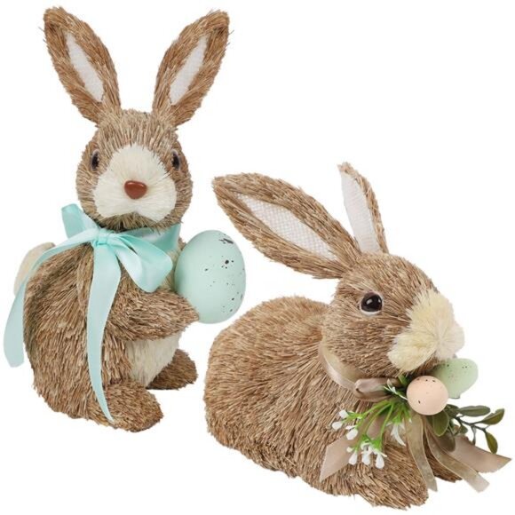 Other - Set of 2 Easter Decorations Bunny Figurines with Eggs Spring Straw